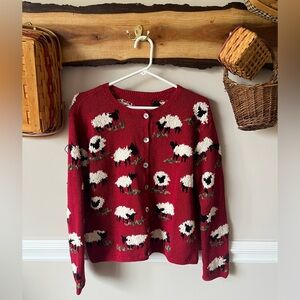 Vintage 90s Talbots Red Cotton Linen Sheep Cardigan Sweater Princess Diana S